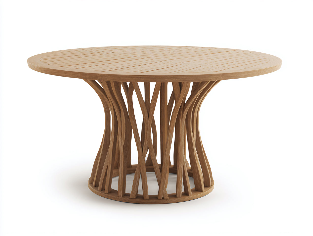 Mesas de jardín 130x130x76 cm - madera marrón con base decorativa - mesa redonda para terraza estilo natural