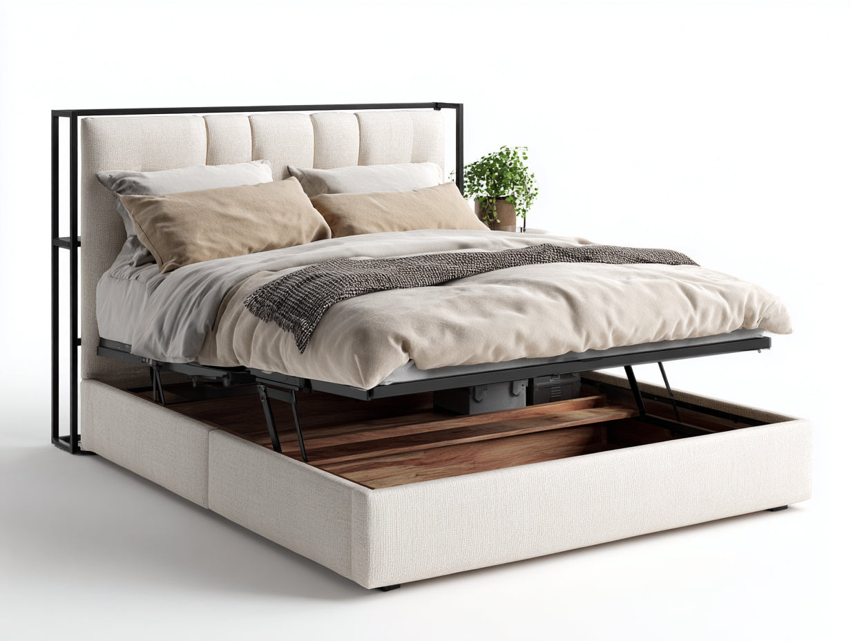 Camas dobles tapizada 205x170x115 cm color beige - diseño con almacenamiento
