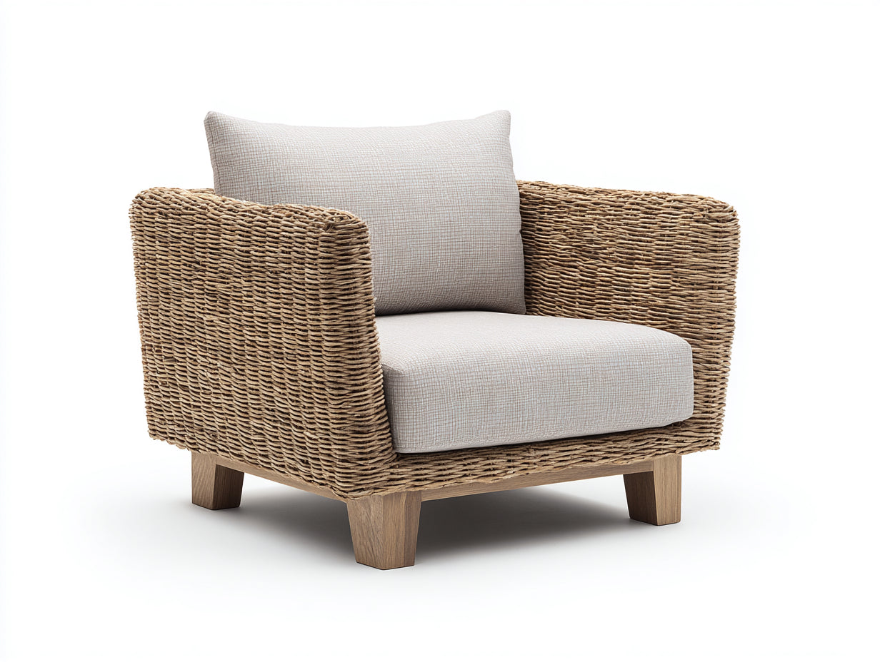 Sillones de ratán 105x90x82 cm - ratán marrón con cojín beige - estilo natural para jardín y terraza
