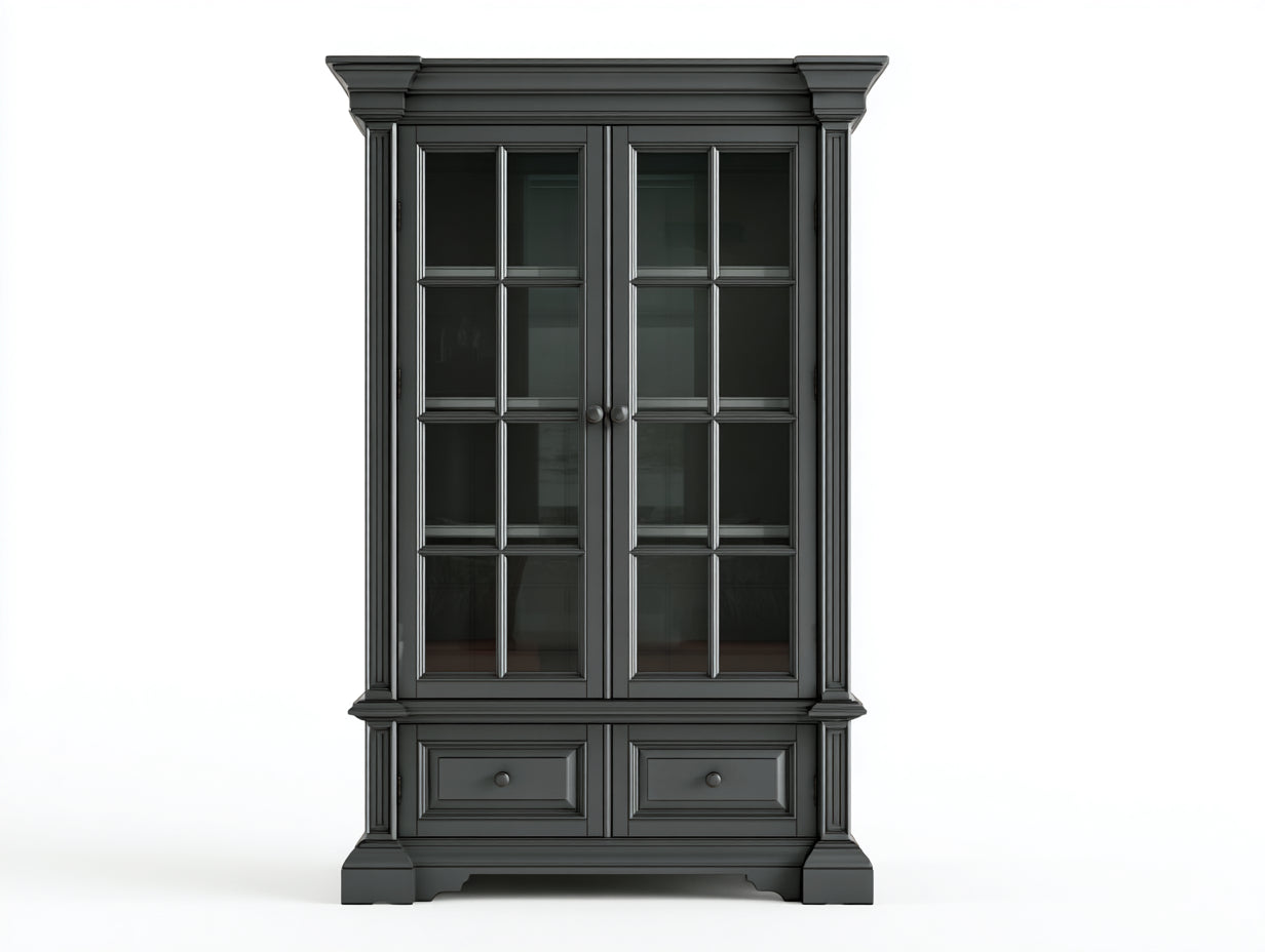 Vitrinas de madera y vidrio 110x45x190 cm - gris oscuro - estilo clásico con 2 puertas y 2 cajones